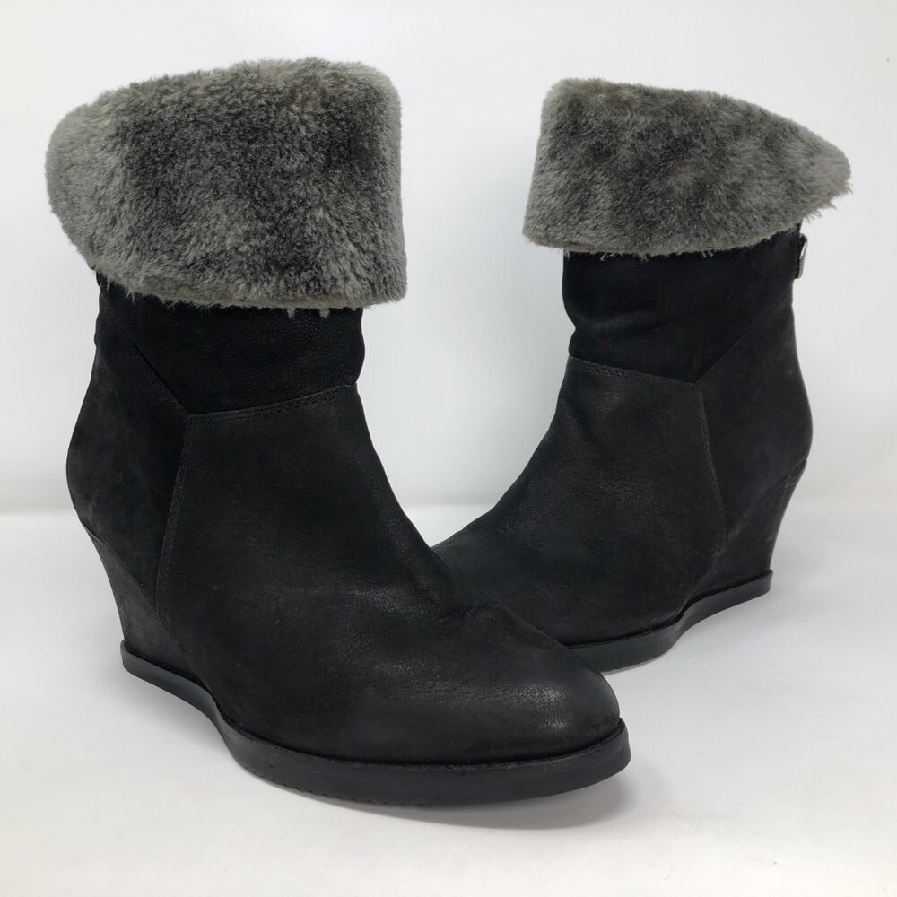 Skechers Boots Womens 10 Black Fold Over Faux Fur Shearling Leather Wedge Heel